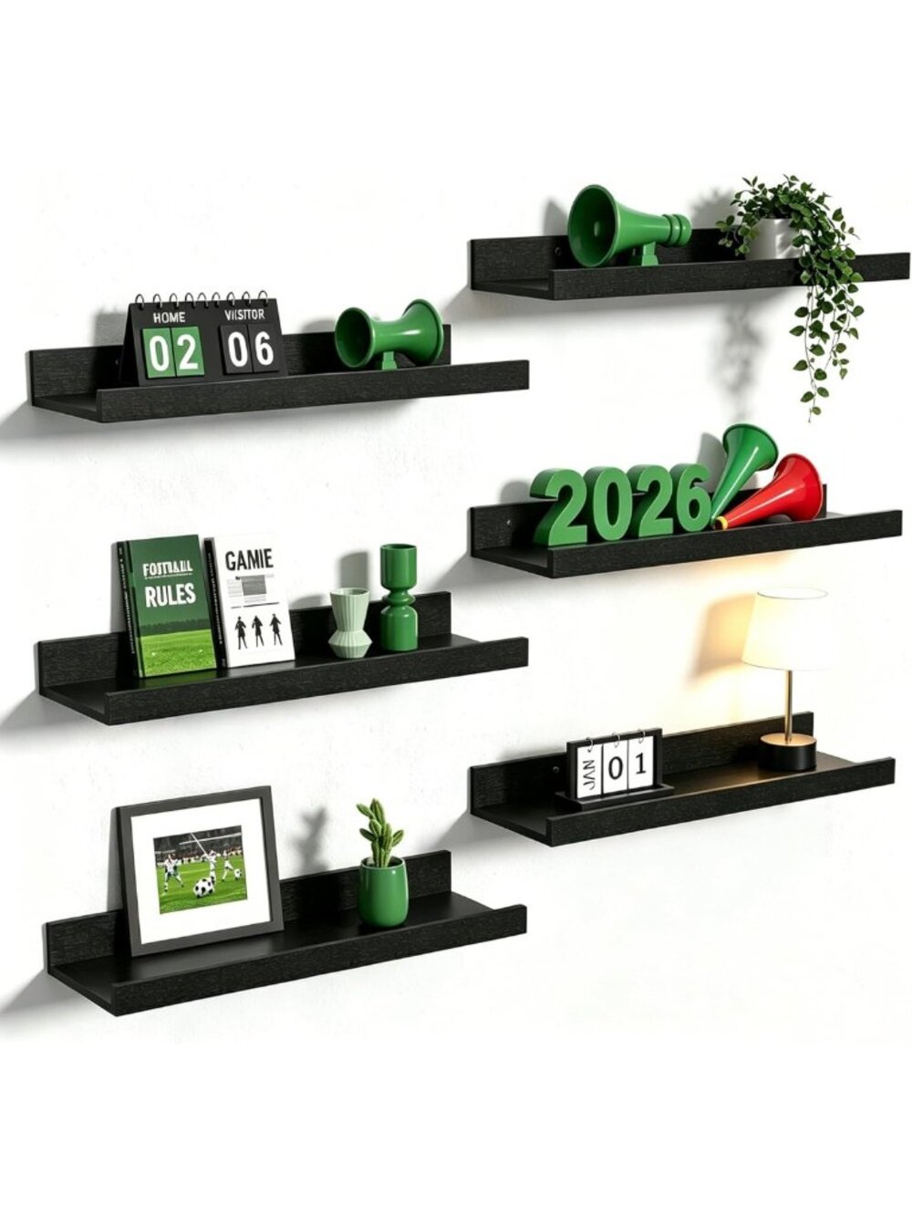 Set of 6 Floating Wall Shelves for Home Decor, Wood Storage Shelves, Black